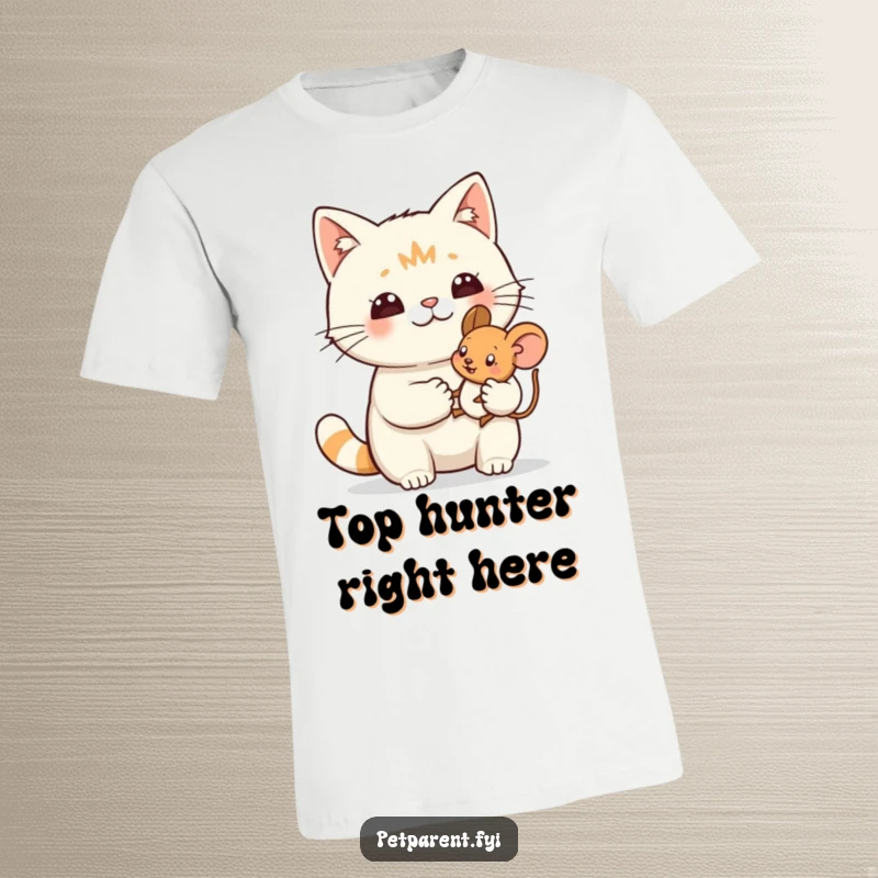 Funny t-shirt with a proud cat character holding a tiny toy mouse with affection, showing off a successful hunt.