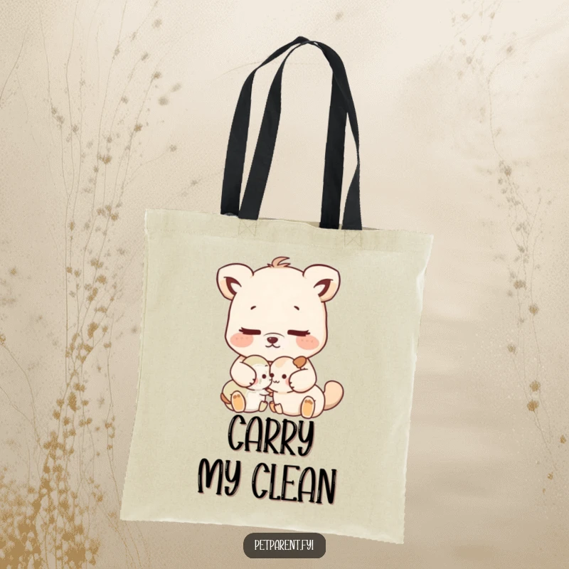 Funny nurturing animal character gently grooming a smaller animal, on a durable tote bag.