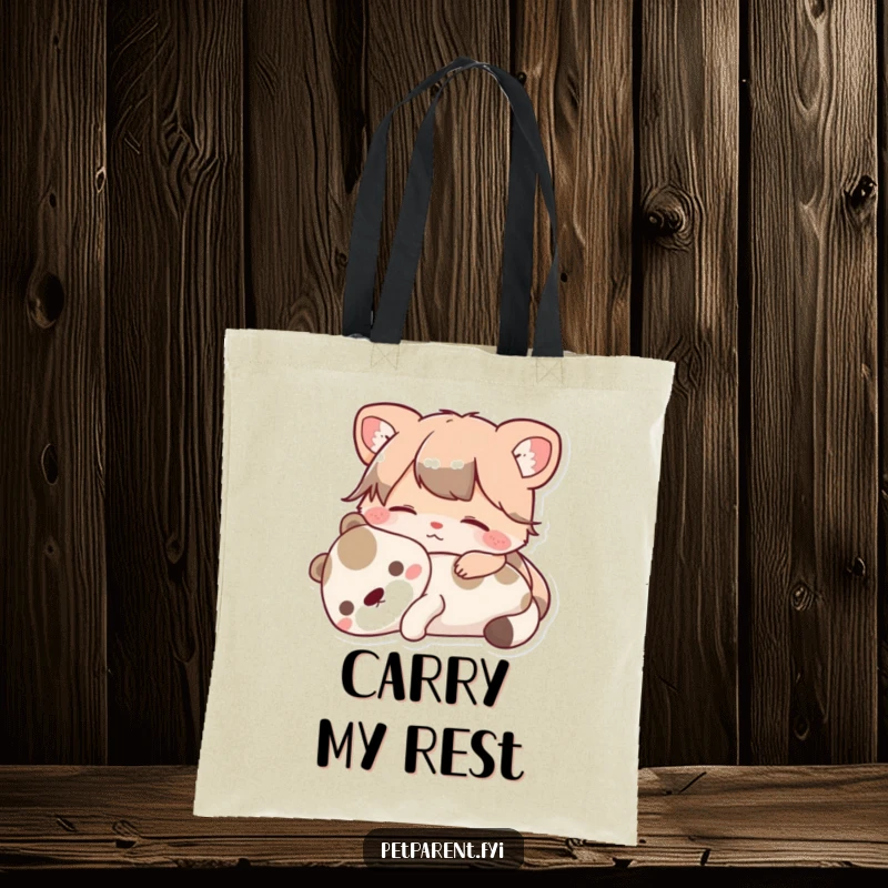 Funny Tote Bag with an adorable animal character resting peacefully with a pet. An ideal funny gift for anyone who loves tranquility.