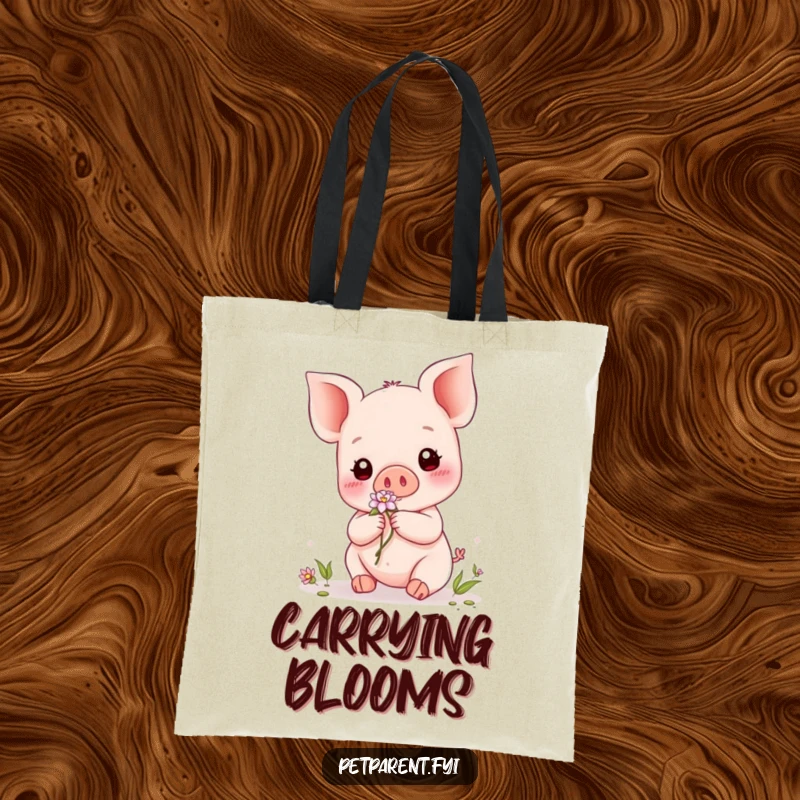 Funny Kawaii Piglet Tote Bag: A cute Kawaii piglet character adorning a friend with a flower, showcasing beauty and practicality.