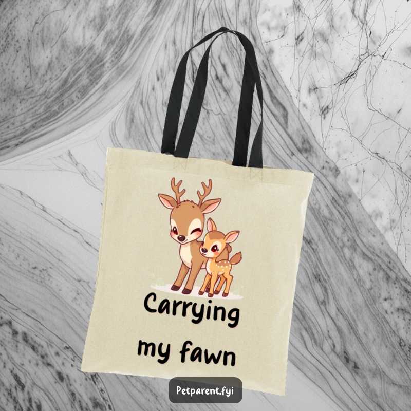 Funny deer tote bag showing a doe gently nudging her fawn, symbolizing encouragement and the start of a journey.