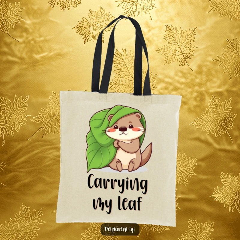 Funny tote bag illustrating a whimsical otter wrapped in a large leaf as a blanket, perfect for carrying items with a dose of nature's humor.