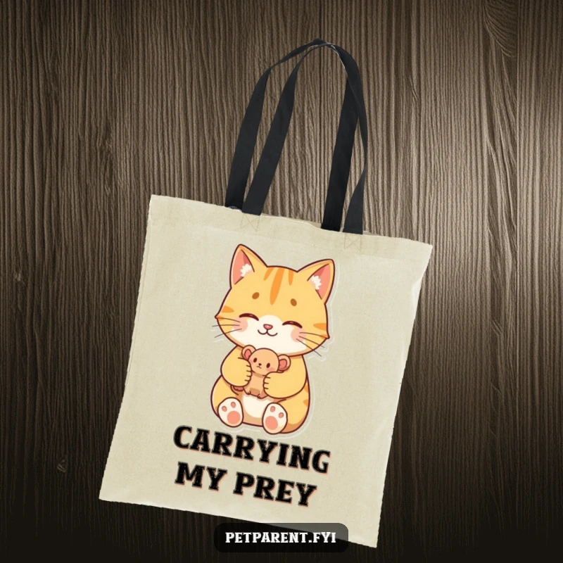 Funny Proud Cat Tote Bag: A proud cat character holds a cherished toy mouse, perfect for a funny cat lover's gift.