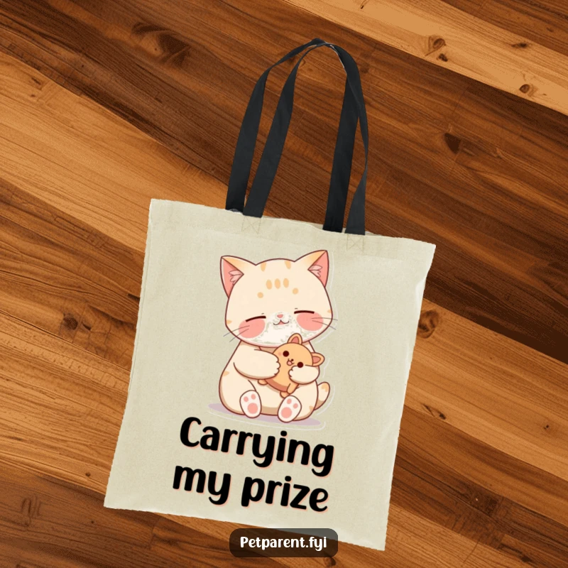 Funny Cat Tote Bag featuring a contented cat purring with a beloved stuffed toy, ideal for carrying items with feline charm.