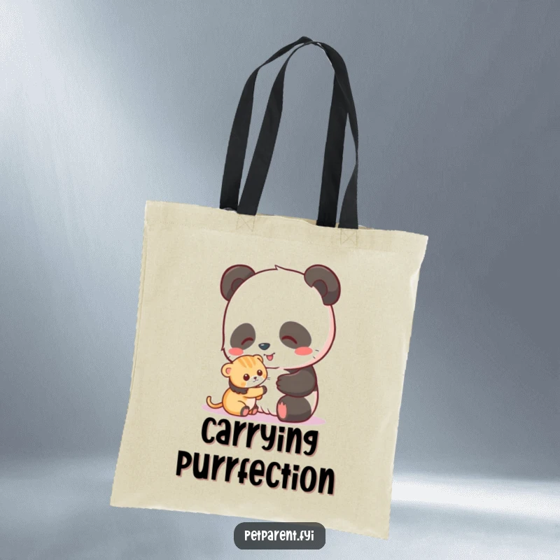 Funny tote bag with an illustration of a happy panda gently petting a small, cute kitten, ready for errands.
