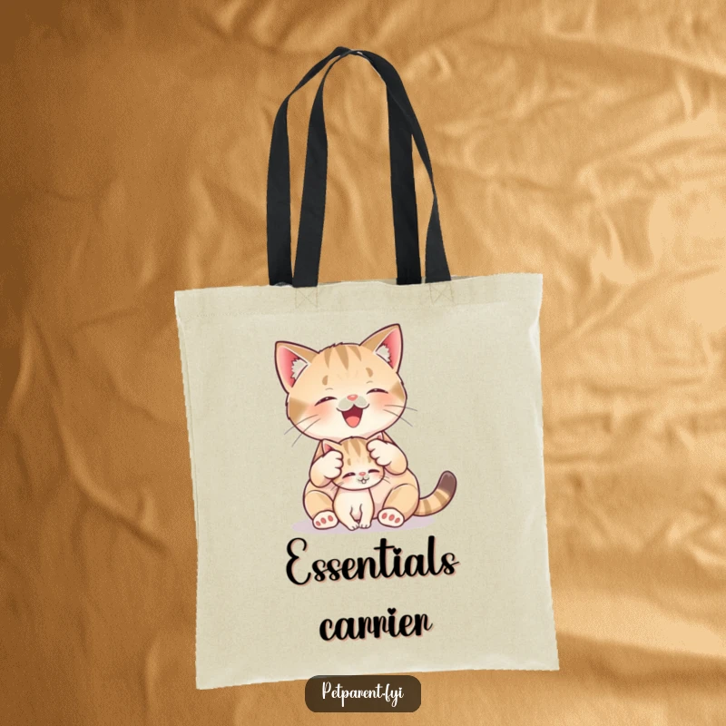Funny tote bag illustrating a cat character joyfully grooming a very small kitten, perfect for carrying daily necessities with feline flair.