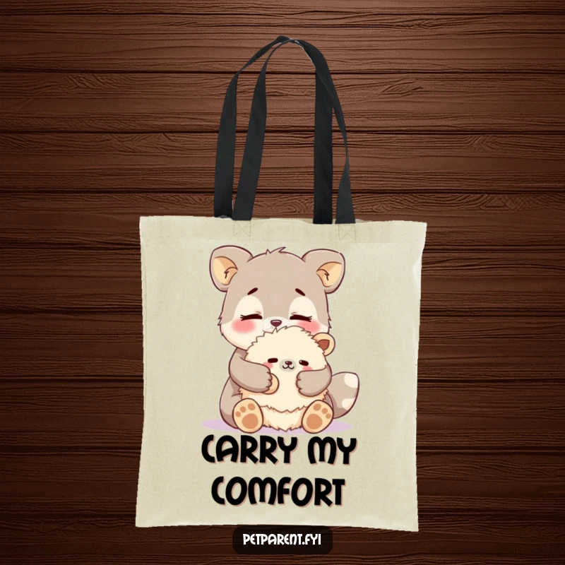 Funny affectionate animal tote bag with a character cuddling a fluffy stuffed animal. Humorous and practical gift.