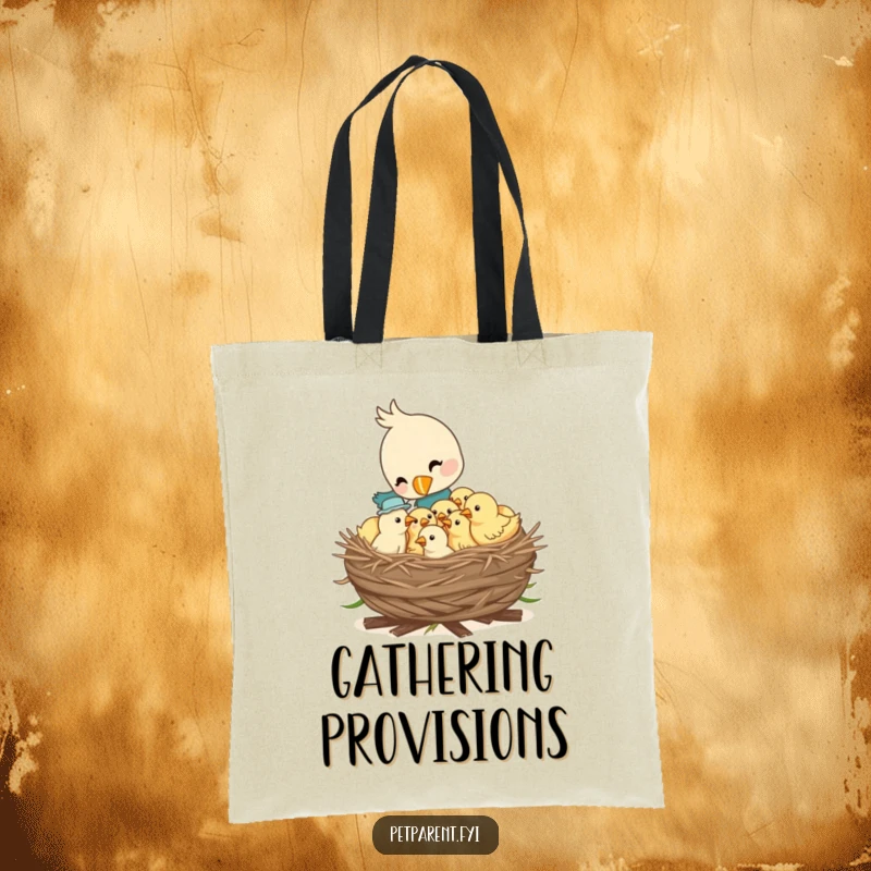 Funny tote bag illustrating a devoted bird character feeding a nest full of hungry chicks, perfect for daily errands.