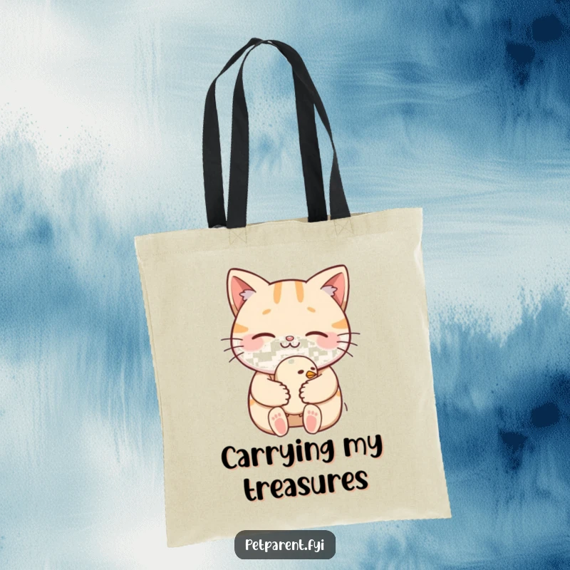 Funny Tote Bag: A cat gently cradles a sleeping bird, a humorous and heartwarming design perfect for everyday use.