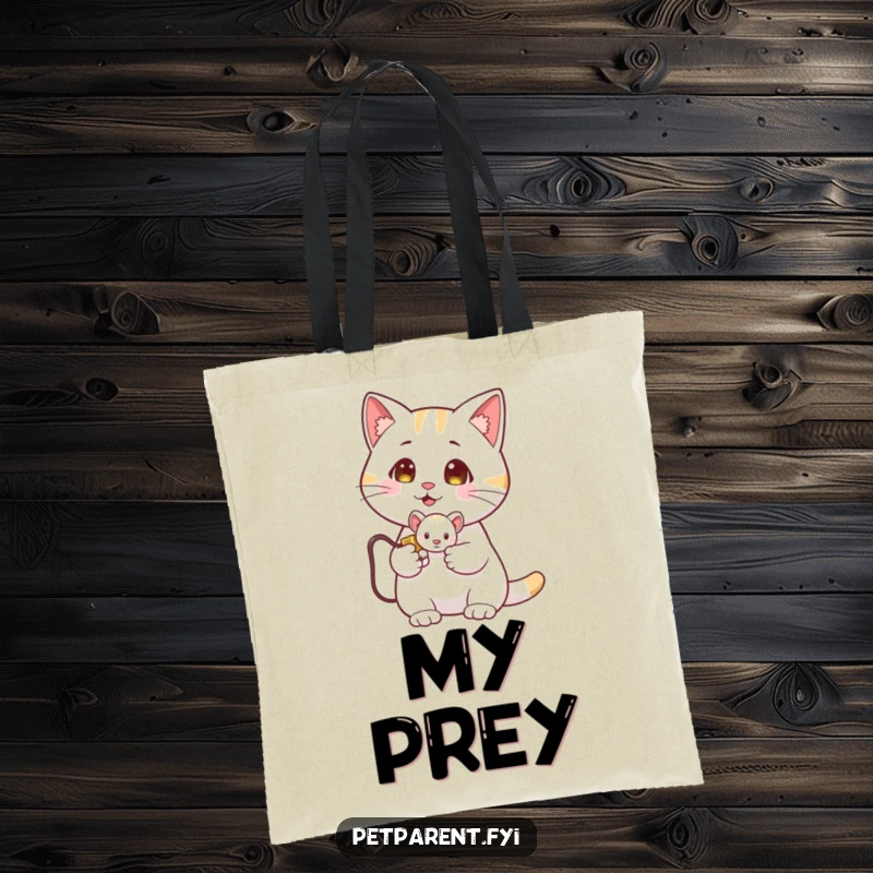 Funny Cat Tote Bag: A proud cat holds a tiny toy mouse, showcasing its hunting skills. A humorous accessory.