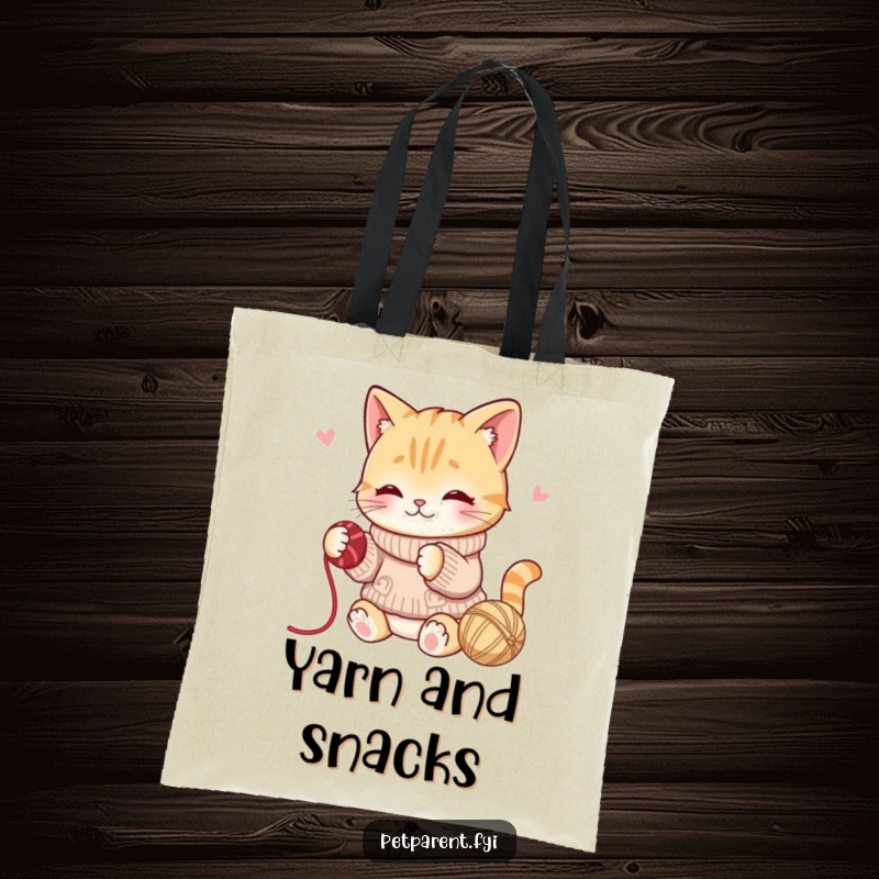 Funny tote bag with a playful cat character in a sweater batting yarn, perfect for carrying items with a touch of fun.