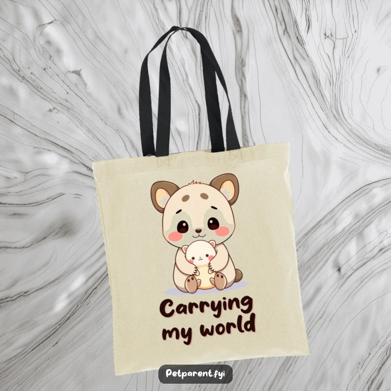 Funny tote bag showcasing a cute animal character lovingly cuddling a tiny creature, humorously carrying essentials with adorable charm.