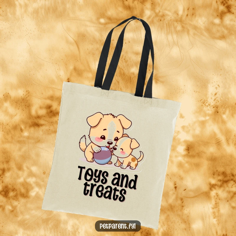 Funny Dog Tote Bag featuring a playful dog nudging a squeaky toy towards a puppy, perfect for carrying items with a doggy flair.