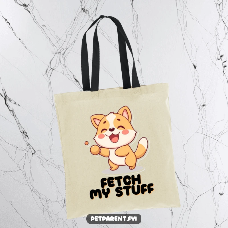 Funny Tote Bag with an adorable animal character enthusiastically playing fetch. An ideal funny gift for pet owners and outdoor adventurers.