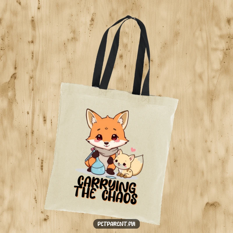 Funny cartoon fox character cleaning up messes on a durable tote bag, perfect for carrying supplies or groceries.