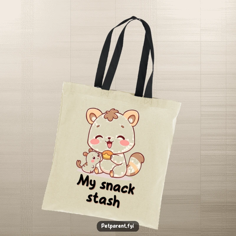 Funny happy animal character presenting food to a small friend, on a durable and stylish tote bag.