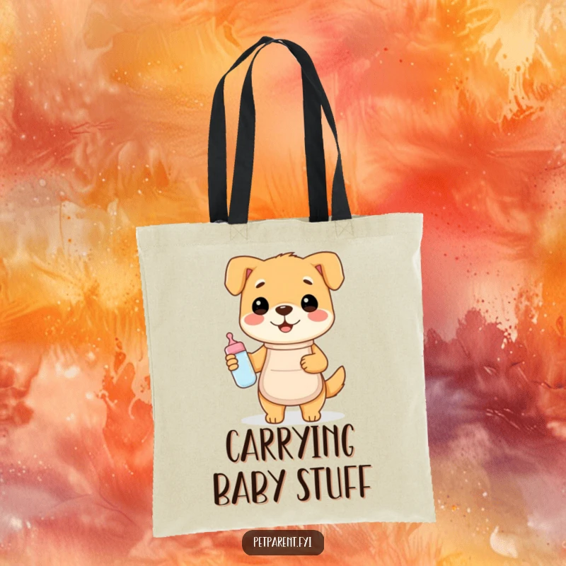 Funny tote bag with a happy dog wearing an apron and holding a baby bottle, ideal for humorous everyday carrying.