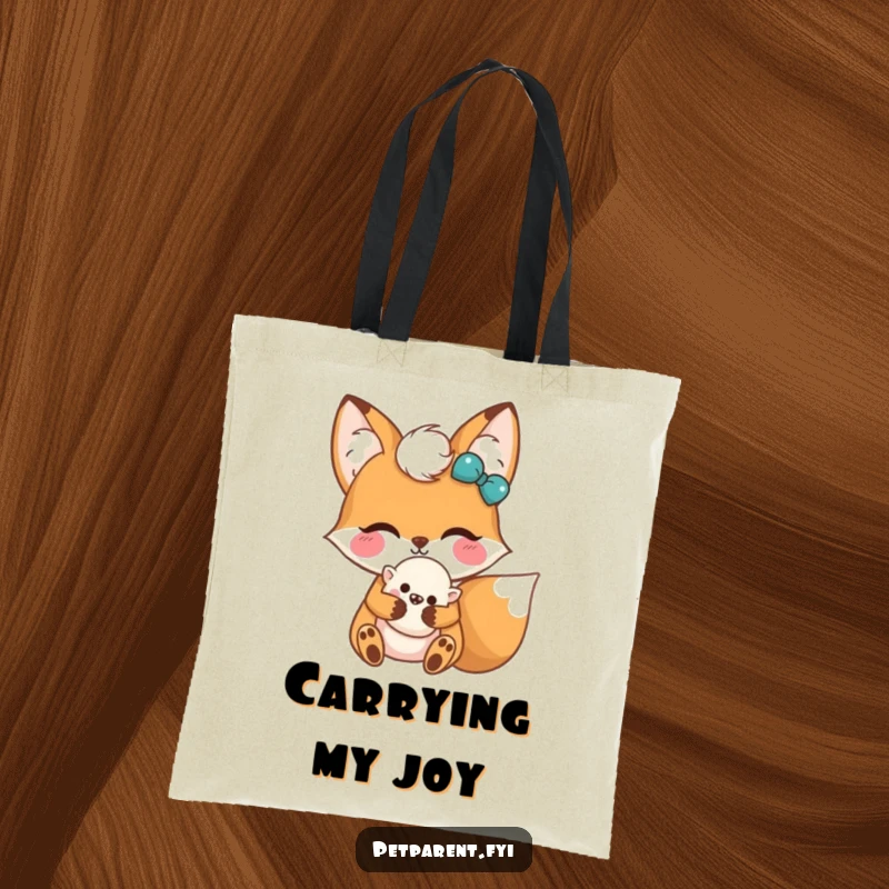 Funny Kawaii Fox Tote Bag: A cute fox character happily holding a fluffy toy, perfect for carrying daily items with style.