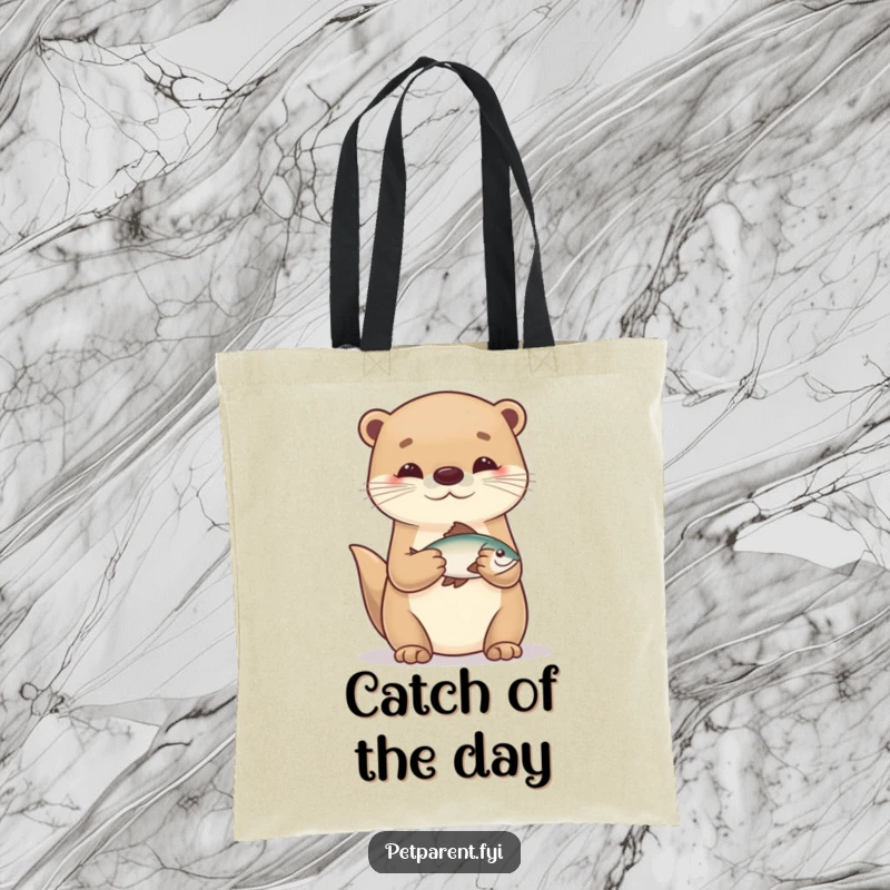 Funny cartoon otter character holding a tiny fish on a durable tote bag, perfect for carrying gear or groceries.