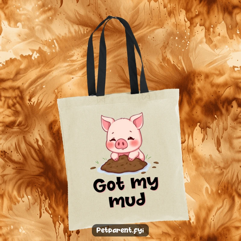 Funny Piglet Tote Bag featuring a blushing piglet offering a mud puddle, perfect for carrying essentials with a humorous touch.
