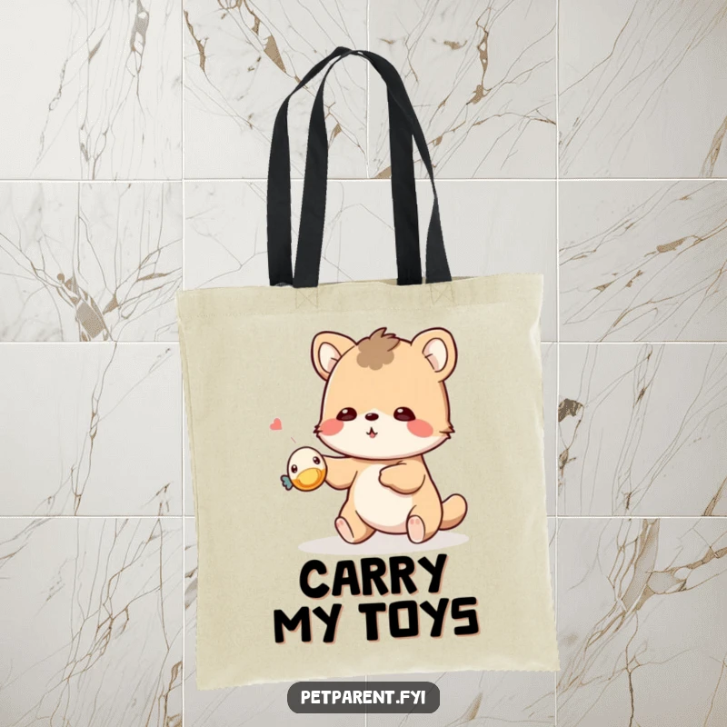 Funny playful animal tote bag with a character tossing a tiny squeaky toy. Humorous and practical gift.