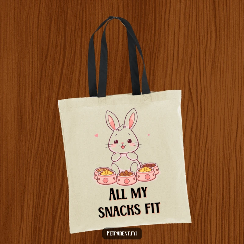 Funny rabbit tote bag featuring a content character and small pet bowls, ideal for pet owners and a humorous touch. A great funny gift.