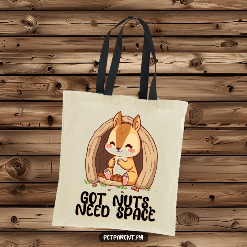 Funny cartoon squirrel character building a tiny den on a durable tote bag, perfect for carrying craft supplies or tools.