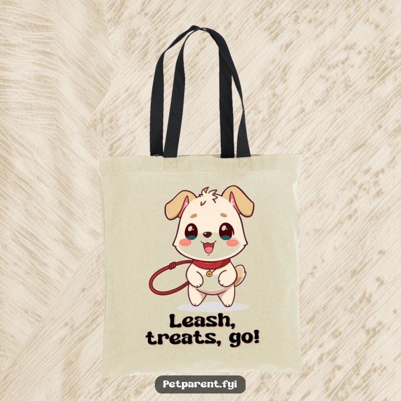 Funny tote bag illustration of a happy animal character holding a leash, tail wagging, ready for a walk or outing.