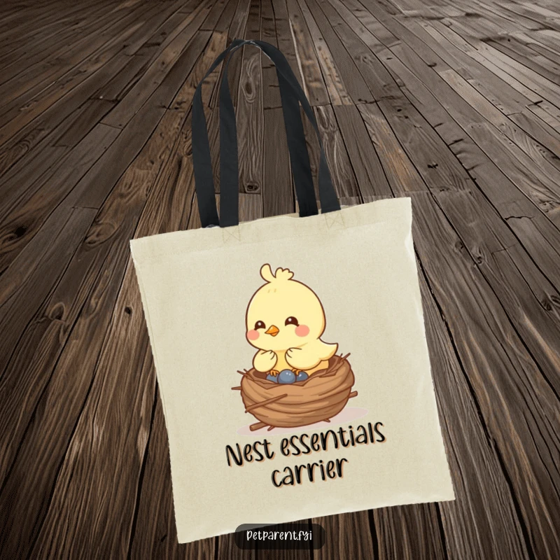 Funny cheerful bird character busy building a cozy nest, depicted on a tote bag for humorous and functional everyday use.